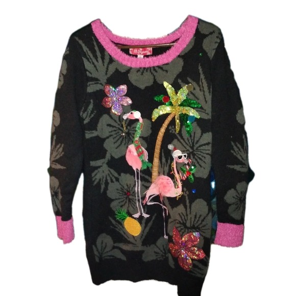 33 DEGREES Womens M‎ Christmas SWEATER Flamingo Ugly Xmas Party Black Pink Warm - Picture 1 of 11